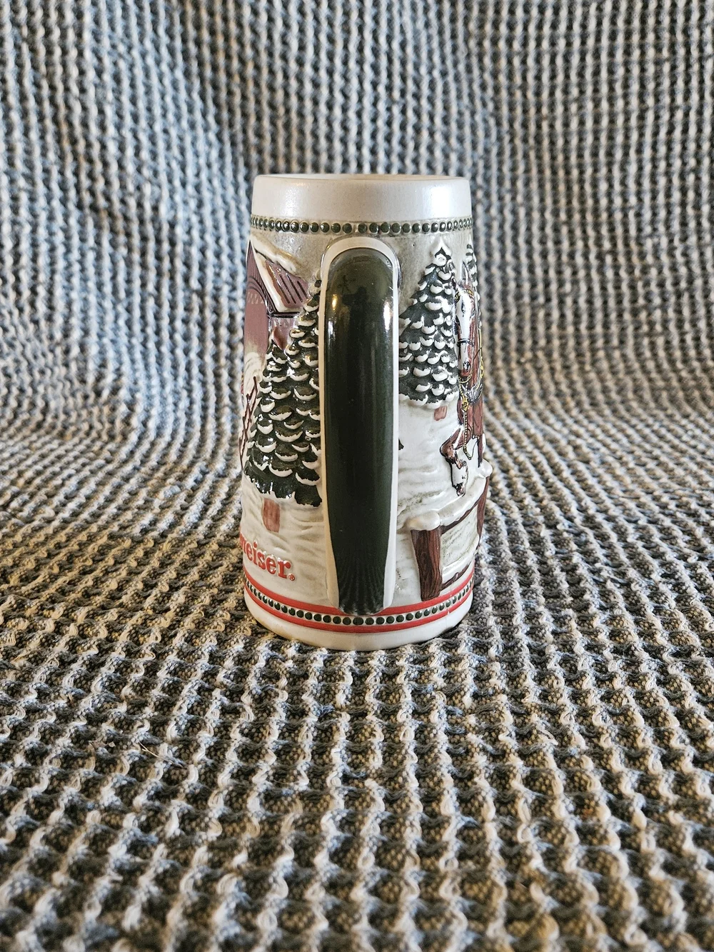 Decorative Winter Scene Ceramic Stein - Red and Green